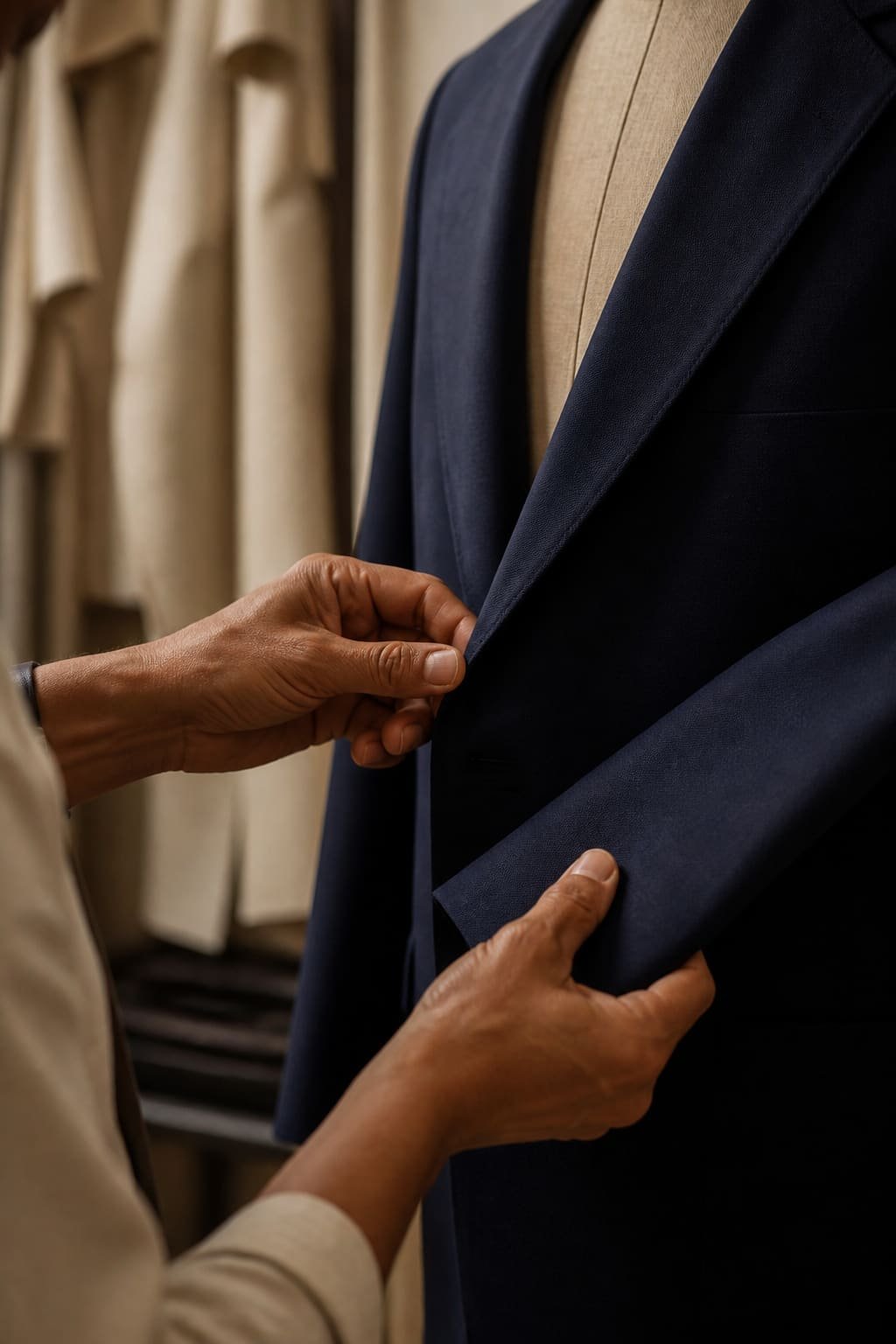 Hands adjusting the sleeve of a navy uniform blazer on a dress form