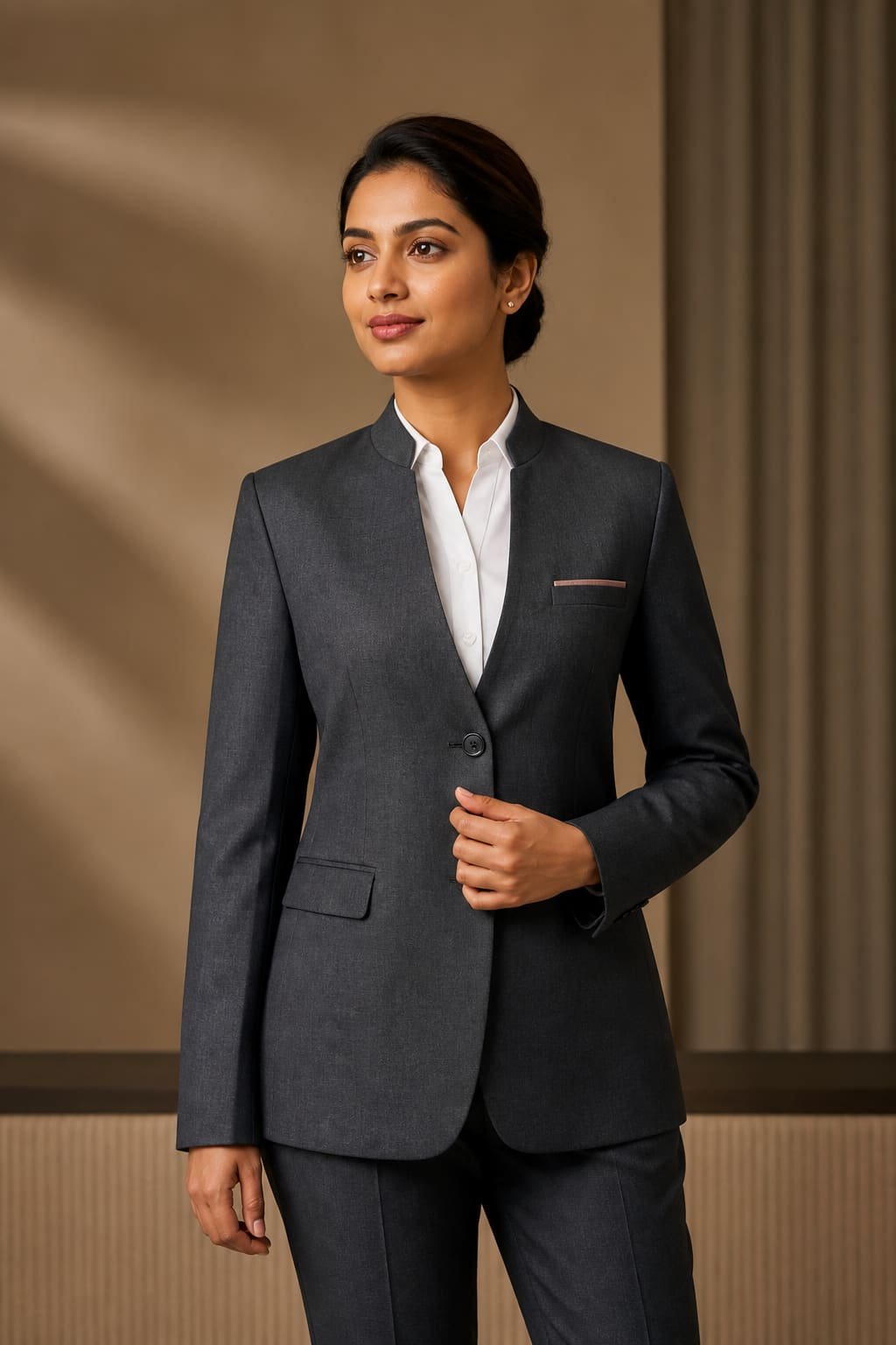 Professional wearing a tailored charcoal corporate uniform blazer