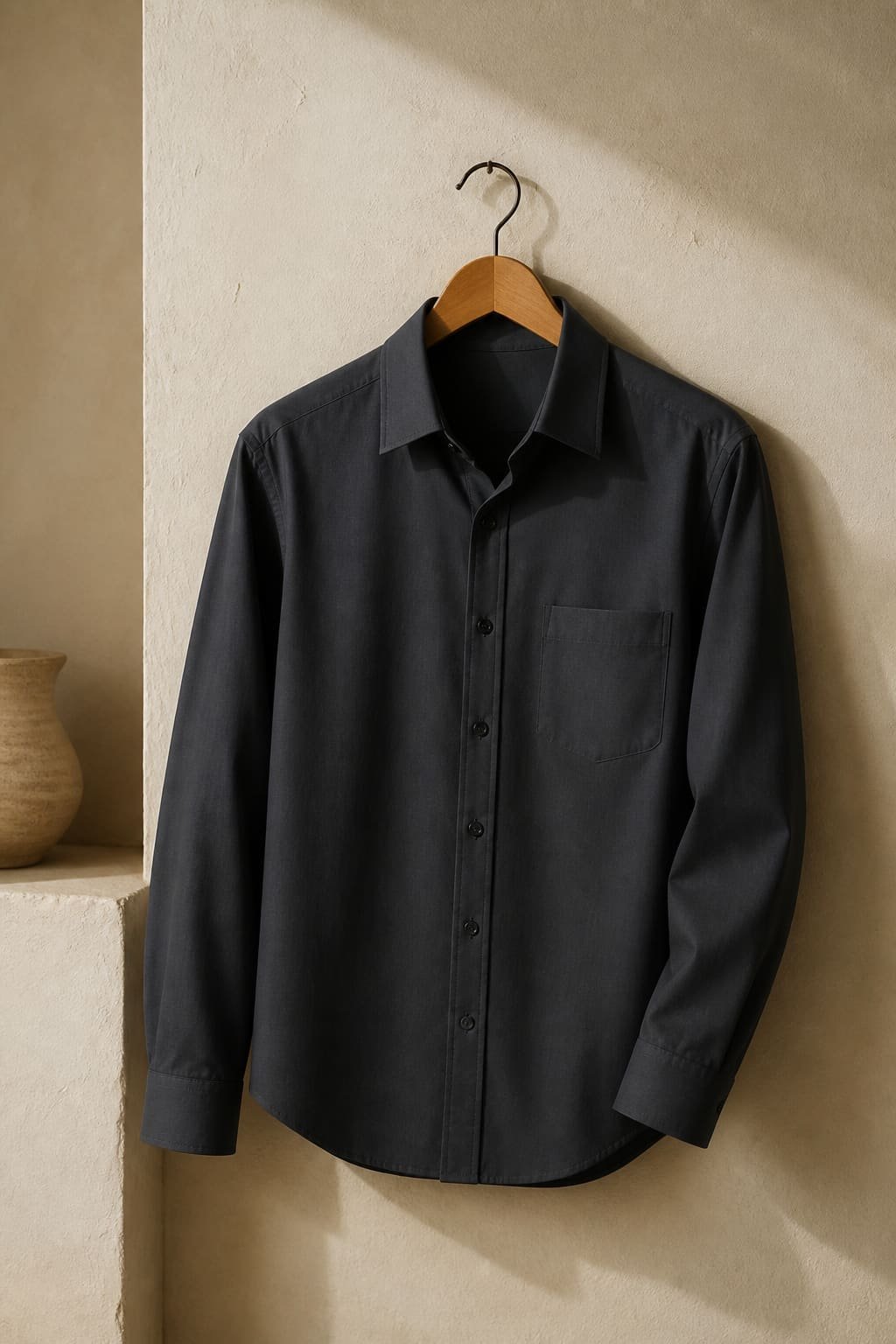 Charcoal corporate uniform shirt hanging against a warm ivory wall