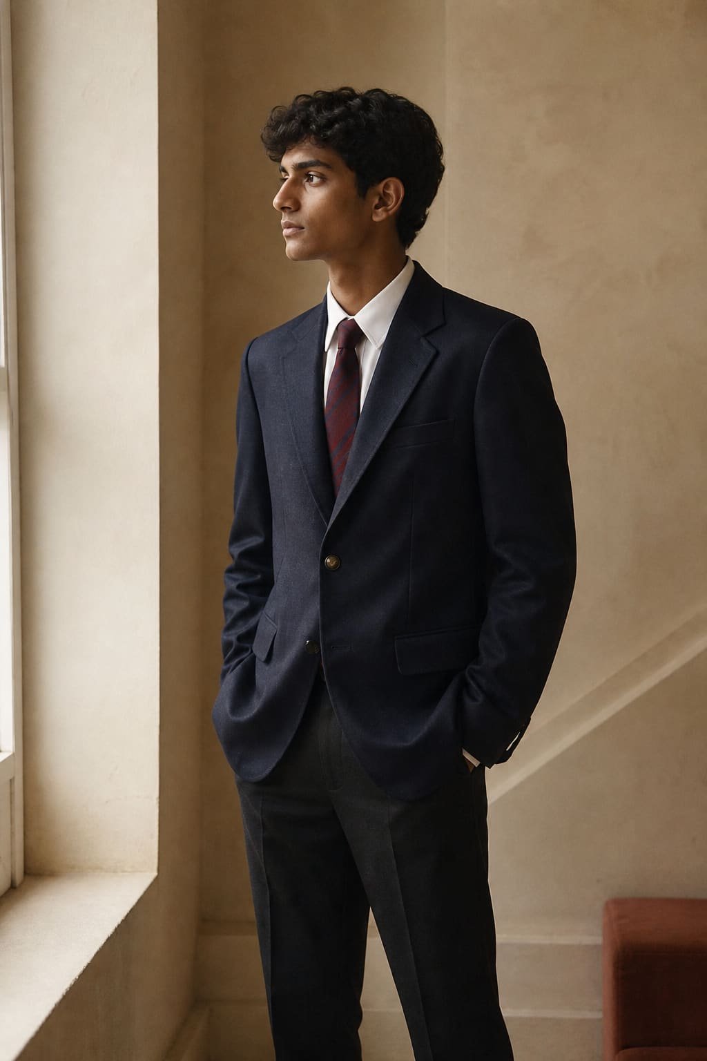 Student wearing a tailored navy school uniform blazer, white shirt and burgundy tie