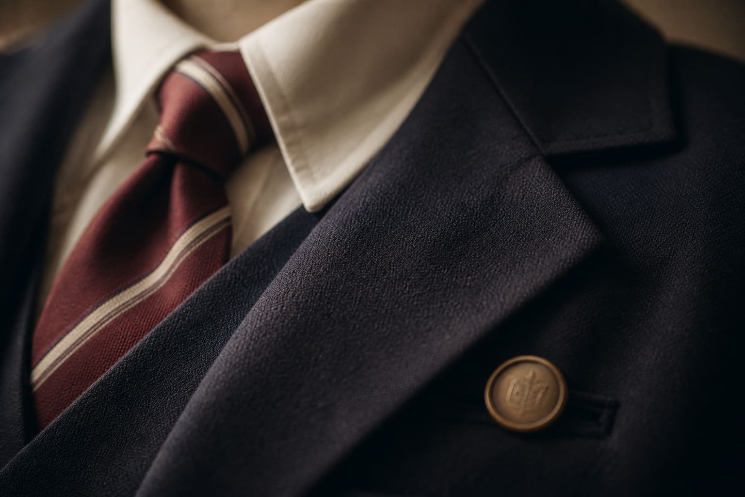 Detail of a navy school blazer lapel, white collar and burgundy tie