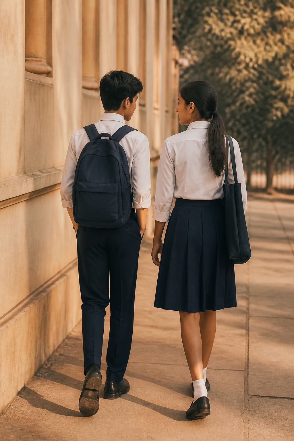 Students walking in navy school uniforms