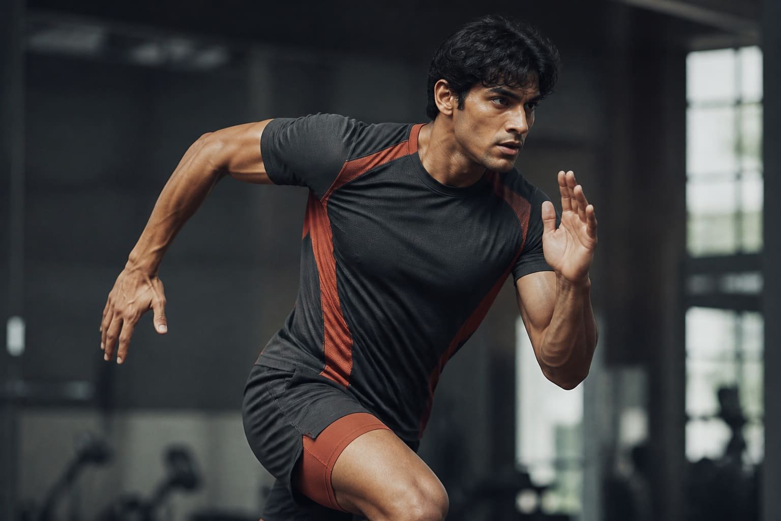 Athlete wearing a charcoal and terracotta sports uniform