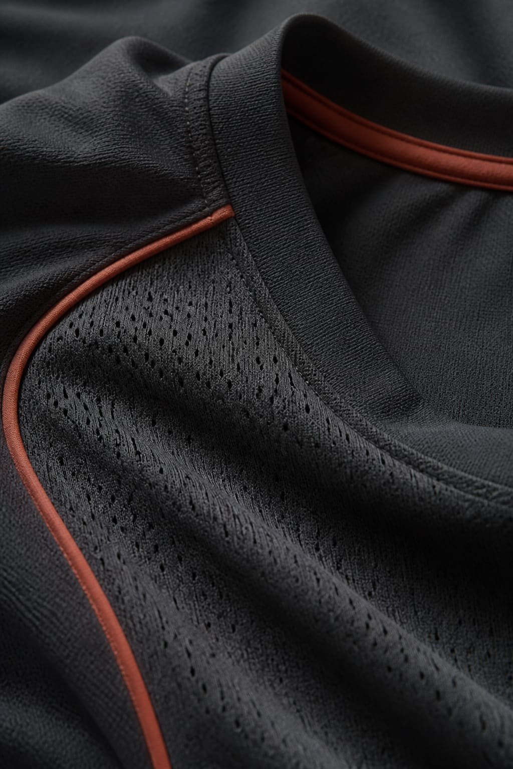 Close-up of charcoal sportswear fabric with terracotta piping